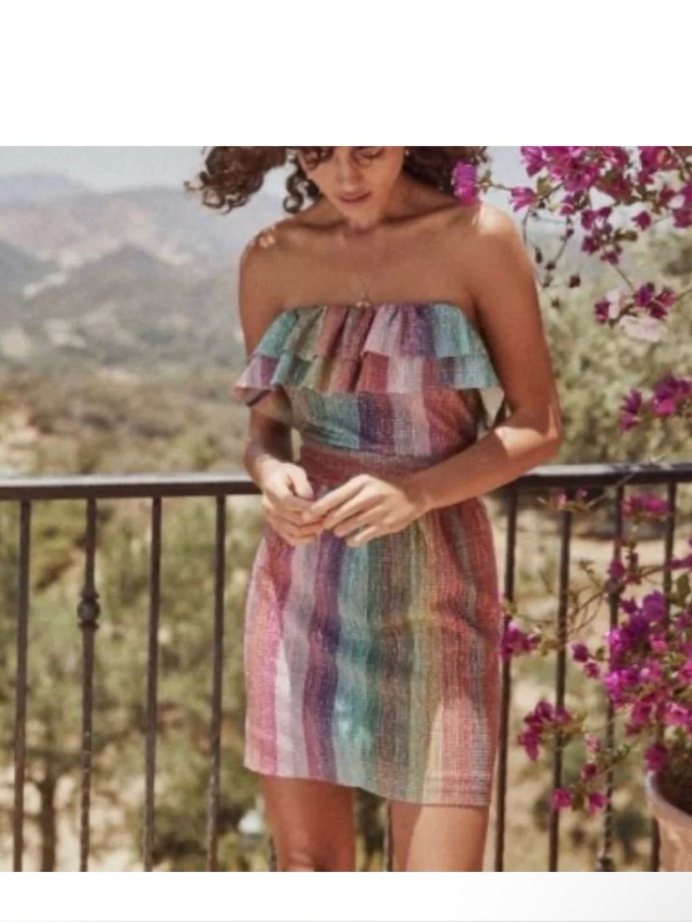 SAYLOR Nola Rainbow Glitter Dress Medium 
Striped Mini Strapless Lurex Ruffle